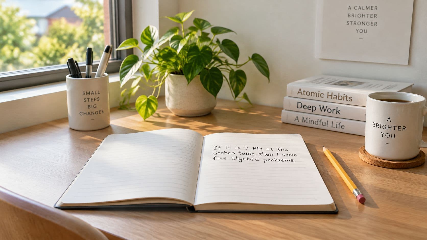An open notebook with written text sits on a wooden desk near a plant and coffee mug.