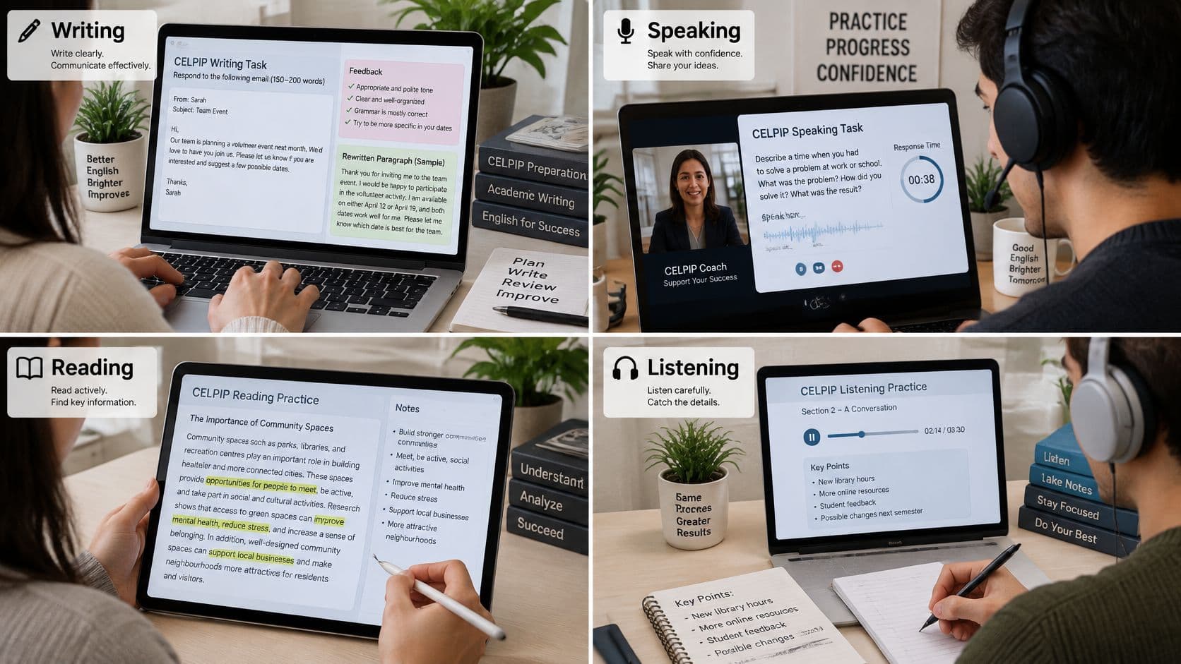 A collage showing students engaging in online CELPIP test preparation for writing, speaking, reading, and listening skills.