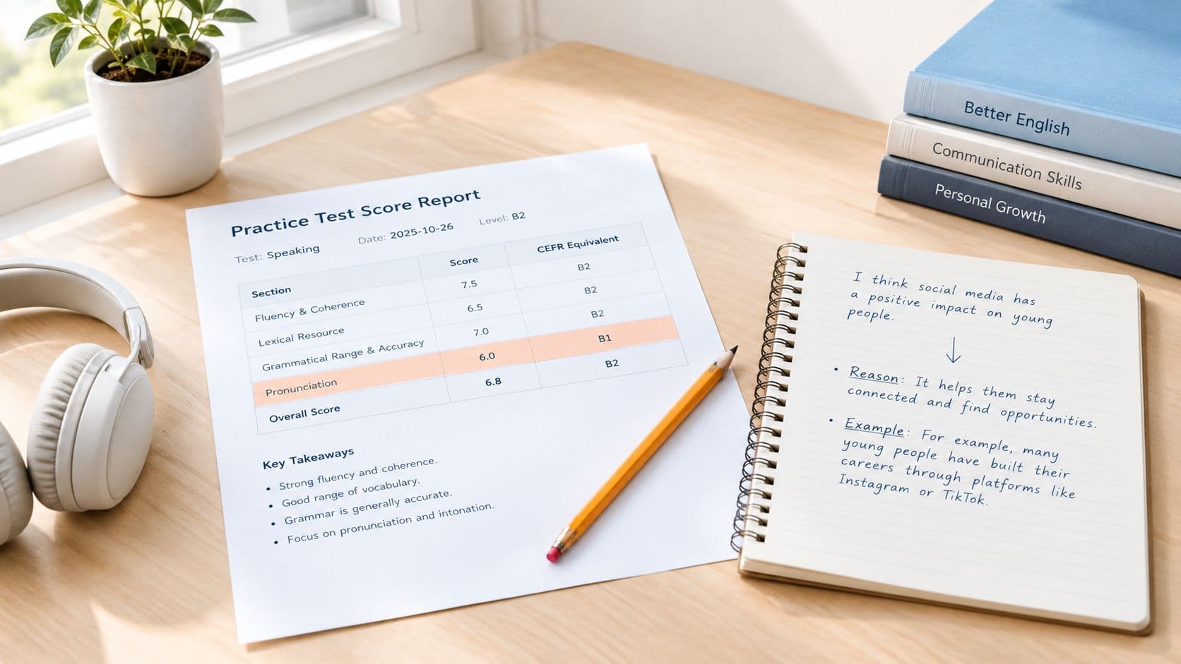 A document titled Practice Test Score Report showing exam results beside a notebook, headphones, and books.