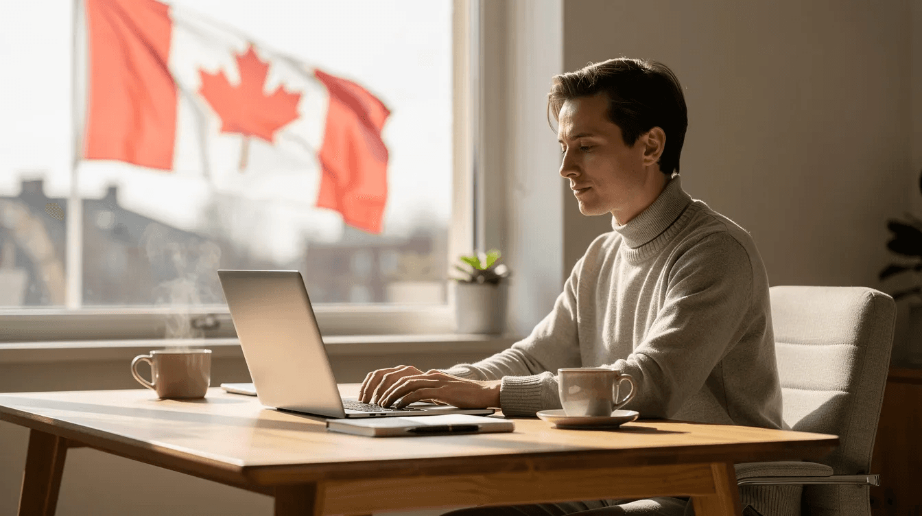 A person is seated at a desk, focused on their laptop, with a steaming coffee cup beside them and a Canadian flag visible through the window, symbolizing their journey in preparing for the CELPIP test. This scene represents the commitment and tools needed for language proficiency and test preparation.