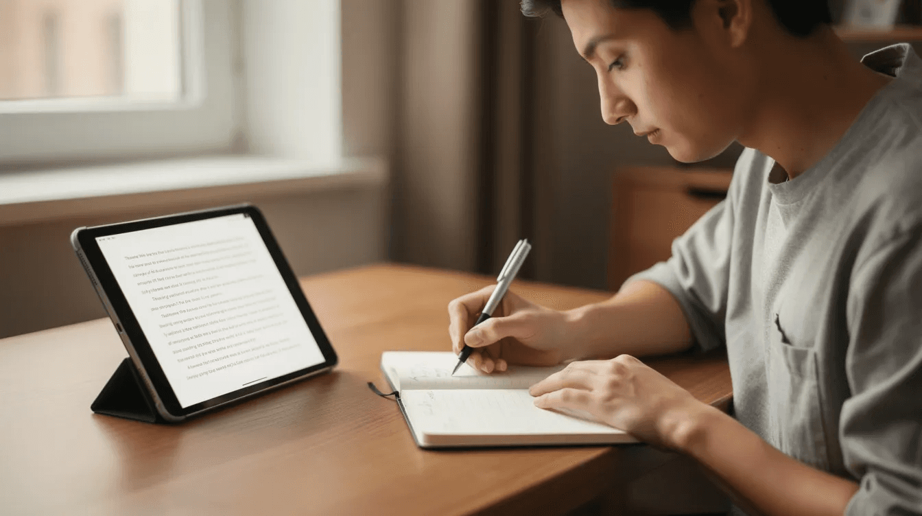 A person is sitting at a desk, intently taking notes on a notepad while reading from a tablet, possibly preparing for the CELPIP test, which assesses language ability in workplace and community contexts. The scene reflects a focused study environment, emphasizing the importance of effective reading, writing, and listening skills for achieving desired CELPIP scores.