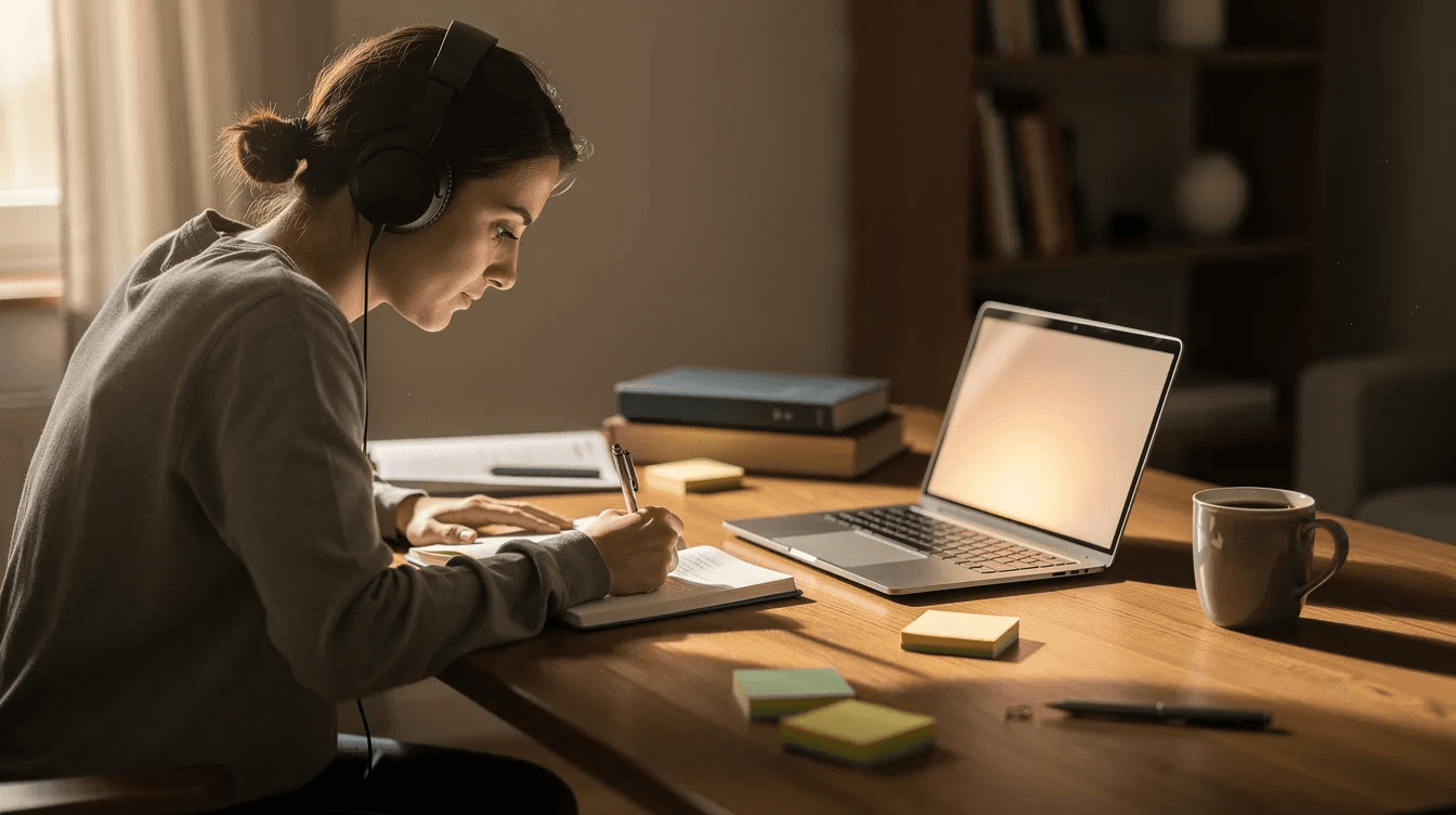 A person is studying at a desk, wearing headphones and taking notes while looking at an open laptop, preparing for the CELPIP test. The scene captures the focus and dedication needed to improve listening skills and understand key details in real-life situations.
