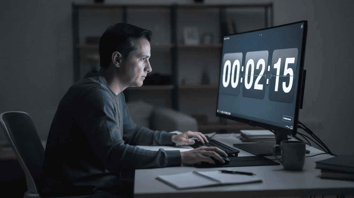 The image shows a focused person sitting at a computer desk, intently looking at a screen displaying a countdown timer, likely preparing for a CELPIP test. This scene captures the essence of practice and concentration, essential for test takers aiming to achieve their target score in real exam conditions.