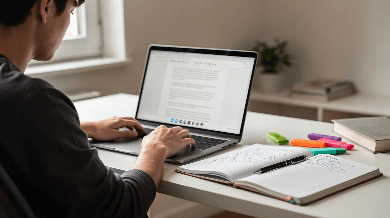 A person is studying at a desk, focused on a laptop while taking notes in a notebook. This scene reflects a typical workplace and community context where test takers prepare for the CELPIP test, aiming to improve their reading, writing, and speaking skills for better CELPIP scores.