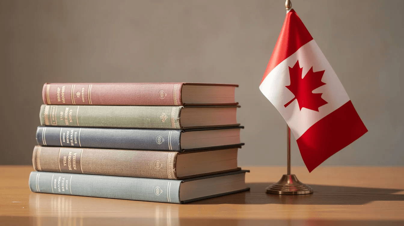 A stack of books is positioned next to a Canadian flag, symbolizing the importance of education and language proficiency in workplace and community contexts, often assessed by tests like the CELPIP. The arrangement highlights the connection between learning and achieving desired CELPIP test scores.