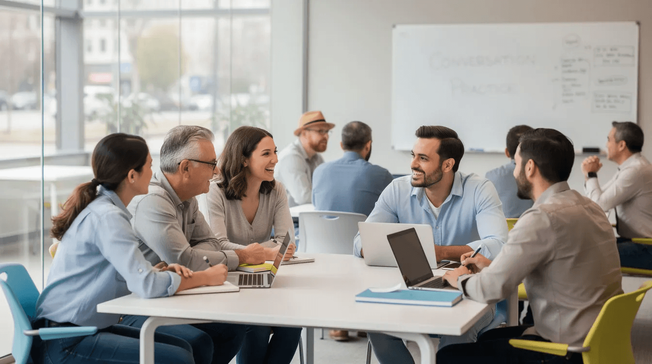 The image shows a diverse group of adult students engaged in conversation practice in a modern classroom, highlighting their efforts to improve their English language proficiency and communication skills. This setting reflects the importance of language tests and assessments, such as the Canadian Language Benchmarks, in meeting language requirements for immigration and citizenship programs in Canada.