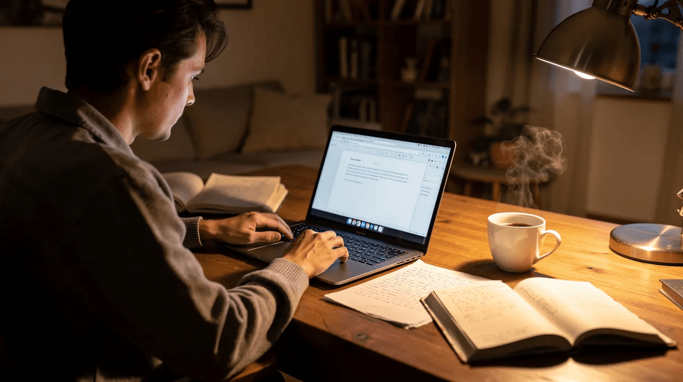 A person is studying at home on a laptop, surrounded by notes and a coffee cup, as they prepare for the CELPIP test, focusing on enhancing their English language proficiency for Canadian immigration. The cozy setting reflects a dedicated study environment, ideal for test takers looking to achieve their desired scores.