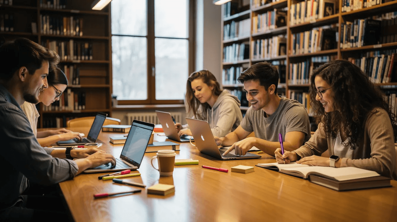 A diverse group of people is gathered around a library table, intently studying together with their laptops open, as they prepare for the CELPIP test. They are focused on their practice tests, sharing strategies and tips to improve their skills in reading, writing, and listening sections.