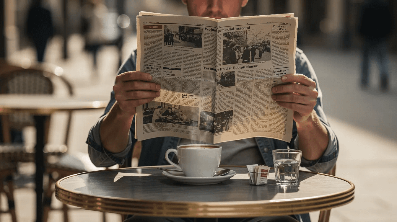 A person is sitting at a café table, engrossed in reading a newspaper while enjoying a cup of coffee. The scene captures a moment of relaxation, highlighting the importance of language skills in everyday life, much like preparing for the CELPIP test.