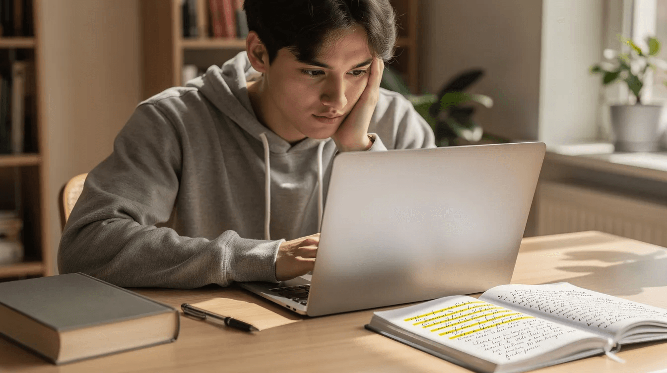 The image shows a focused person sitting at a desk with a laptop, deeply engaged in studying for the CELPIP test, surrounded by notes and study materials. This scene captures the essence of preparation, as the individual works diligently to improve their skills and feel confident for the upcoming exam.